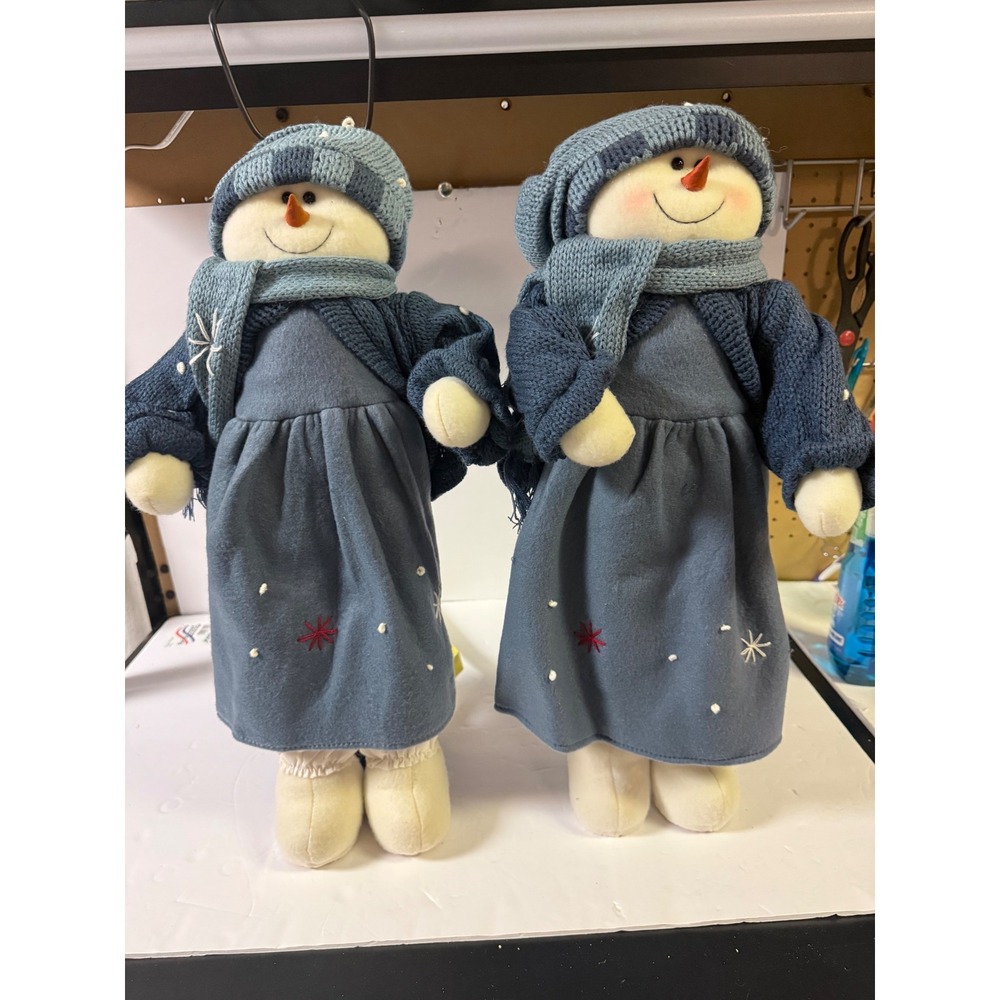 Vintage Style Plush Snowman Shelf Sitter Set Blue Winter Decor 21 Inch 2pc